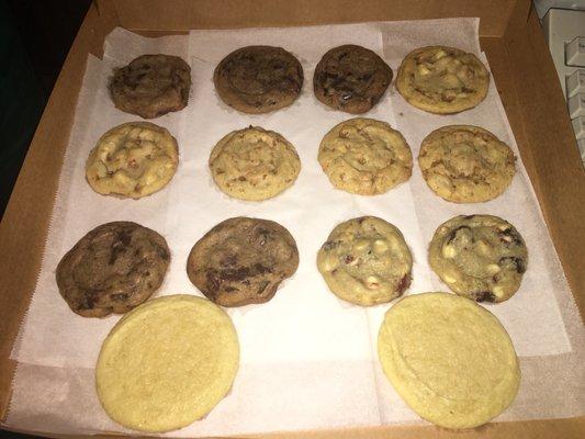 Chocolate Chip, Peanut Butter, White Chocolate Macadamia Nut, White Chocolate Cherry, Sugar Cookie