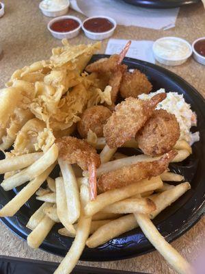 Fish and shrimp with coleslaw and french fries with extra crunchies. $12.