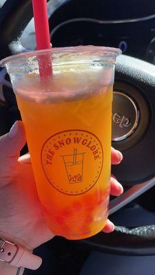 mango green tea with aloe jelly and strawberry pearls.