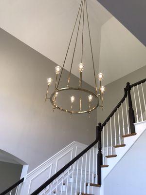 Restoration Hardware lighting in 22 foot tall foyer ceiling