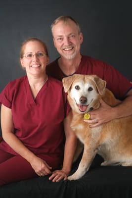 Dr. Barb and Jim with our Certified Therapy dog emeritus, Kuma