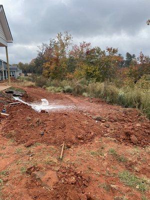 Cleared area marks usable yard. Brush and overgrowth define top of embankment