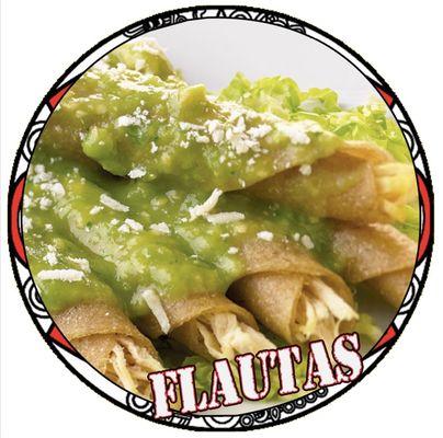 5 flautas de pollo arroz , frijoles y ensaladas