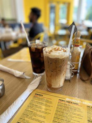 Iced caramel macchiato and bottomless iced coffee