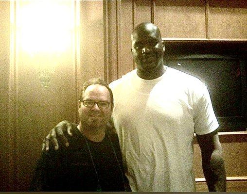 That's right!  The incomparable Shaquille O'Neal was one of our victims!  James had to reach waaaay up to mic him!