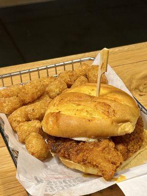 Scorchin' Hot Crispy Chicken Sandwich with Tots.