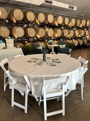 Barrel room set up with our guest table