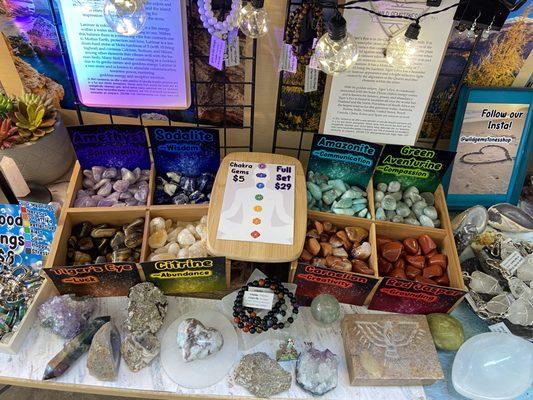 Tumbled chakra stones and jewelry.