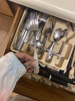 Very dirty dishes in the cabinet