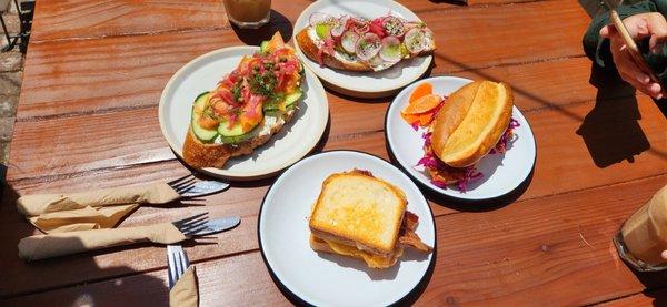 Egg Sandwich + bacon, Korean Hot Chicken Sandwich, Avocado Toast, and Smoked Salmon Toast!