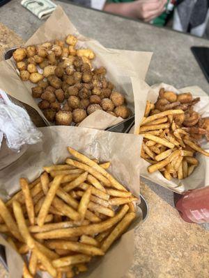 Southern Fried Okra, Half Pan of Fries, Cheese Curds, Jumbo Shrimp (7 Pcs), Hush puppies