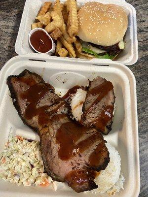 Mushroom Swiss burger + BBQ brisket plate