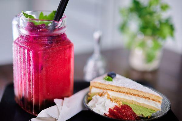 Pistachio Mousse Cake Slice & Devil Fruit Boba Tea