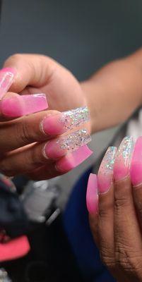 Long Sculpted Pink and glitter Acrylic set