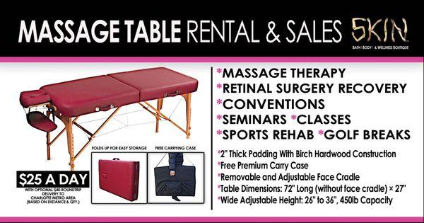 SKIN MASSAGE TABLE RENTAL CHARLOTTE