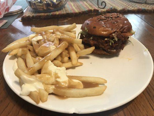 Poutine (fries with cheese curds and gravy), buffalo chicken sandwich