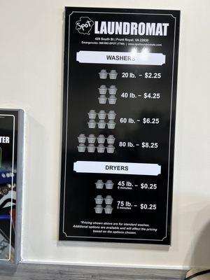 Prices. Doesn't include hot water, pre wash, special cycles or other upsells on the washers.