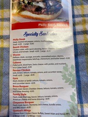 Specialty sandwich menu