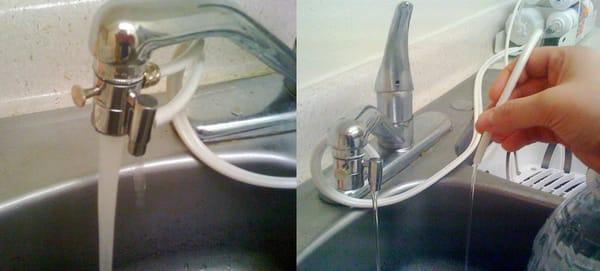 Left: Regular tap water by pressing metal button. Right: Unfiltered water (metal thing on side) and filtered water (white hose).