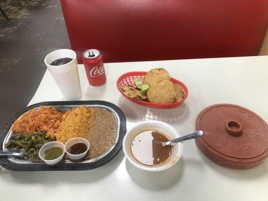 This is chicken, beans, rice, and cactus, with chips and frijoles soup. Superb!!