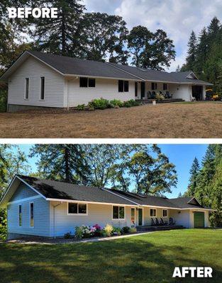 Before & After Photo with new James Hardie Fiber Cement siding & Sherwin-Williams paint. Salmon Creek, Washington.