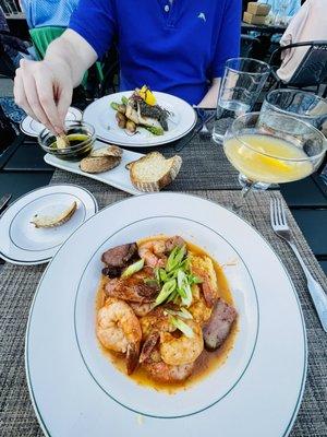 Shrimp and grits, sea bass and bread appetizer - all highly recommend!