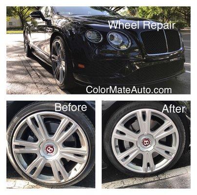 Professional Wheel Repair. We come to you! The wheel is repaired and repainted to match OEM color.   Call us for an estimate