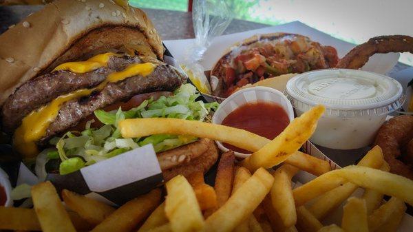 Fries, Double Cheeseburger, ranch, Onion rings and Hot Dog