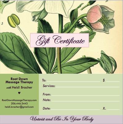 Root Down Healing Arts • with Heidi Gift Certificates for all year around. Please contact Heidi for purchase!