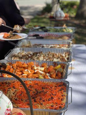 Qabili Pallow, Chicken Kabob, Mantoo, Eggplant Borani, Potato Bolani, Salad, Afghan Bread, Chutney