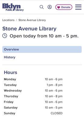 Hours of operations from the Brooklyn Public library website