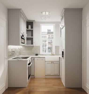 Kitchen remodeling project by Modern Citi Group. Stone backsplash, neutral tones and natural materials.