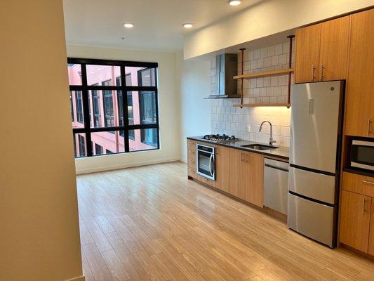 Kitchen and living room of studio.