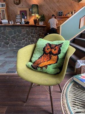 Lobby chair and owl pillow