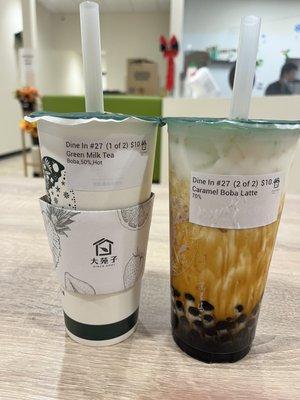 Hot Green Milk Tea and Caramel Boba Latte