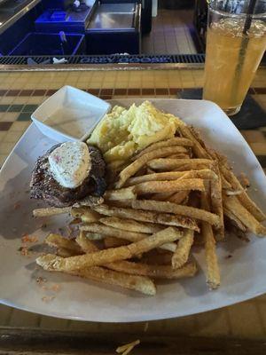 Steak medium with Yukon whipped potatoes, French fries