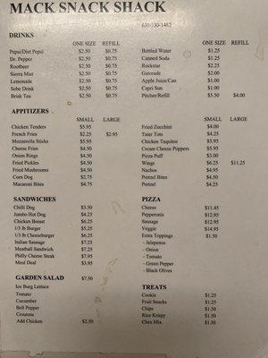 Snack Bar Menu