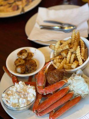 Crab Legs with scallops, Cole slaw, Hushpuppies, and Fries