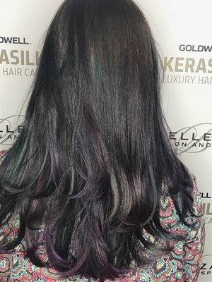 "Beautiful grey coverage with Goldwell Elumen accent pieces." -Stylist Kristin Fawn.