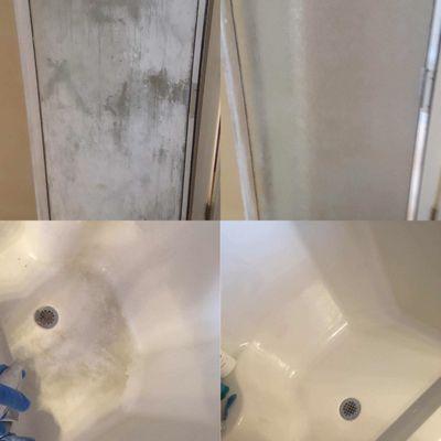 Before and after pictures from a few of our Pros. They are DESTROYING shower build up! Call today to get your shower sparkling clean!