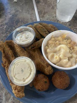 Catfish platter, fried okra, and macaroni and cheese