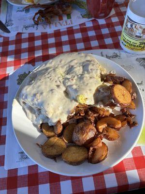 Eggs Benedict substitute with sausage gravy. Red skin potatoes