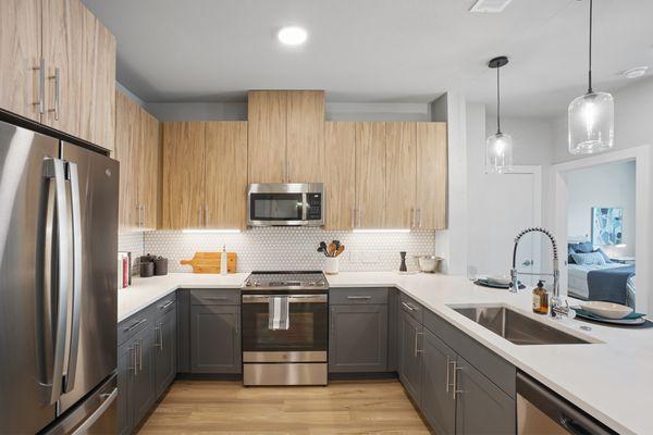 Large kitchen with stainless steel appliances