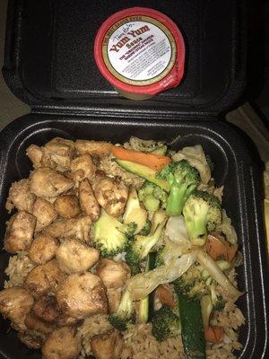 Our one order of chicken hibachi from the drive through. Comes with vegetables, rice, and a large yum yum sauce portion.