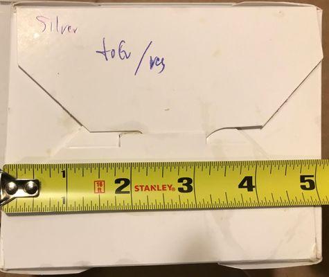 tiny "full portion" takeout box from online order - top.   For perspective, the width of a credit card is about 3 3/8".