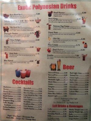 Tiki Drink menu