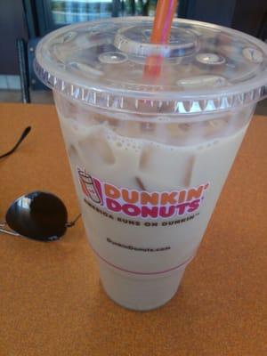 Large iced coffee: $2.82 including tax. Be sure to stir well, sugar always collects at the bottom.