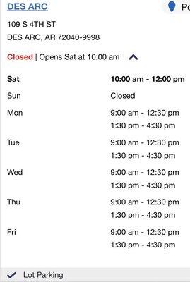 hours of operation for Des Arc, AR post office