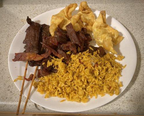 Appetizer Plate: Crab Rangoon, Boneless Spareribs, Beef Teriyaki, Pork Fried Rice