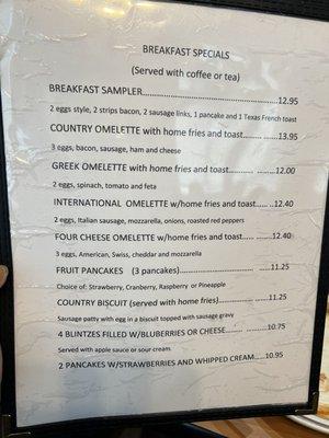 menu of breakfast specials